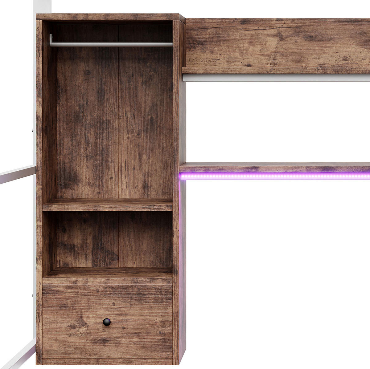 VISOKI krevet 140/200 cm s LED osvjetljenjem, radnim stolom, ladicom i policama, bijeli - bijela, drvni materijal (140/200cm) - Redom