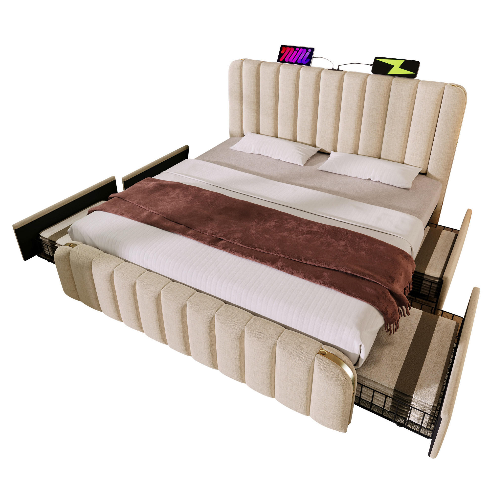 POLSTERBETT 160/200 cm Beige mit 4 Schubladen und USB-Typ-C-Anschluss mit Matratze - Beige, Textil (160/200cm) - OKWISH