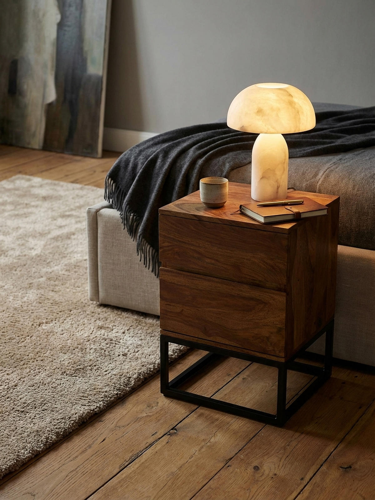 NACHTTISCH – Massivholz/Metall, 40x38x60 cm, 2 Schubladen, Industrial-Stil - Schwarz/Braun, Holz/Metall (40/60/38cm) - KADIMA DESIGN