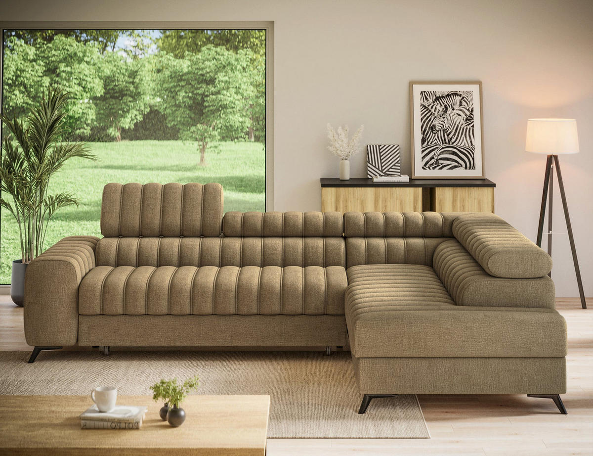 KANEDO Ecksofa mit Schlaffunktion und Bettkasten – Modernes Designsofa, verstellbare Kopfstützen, Metallfüße - Braun, Kunststoff (269/86cm) - Wohnideebilder