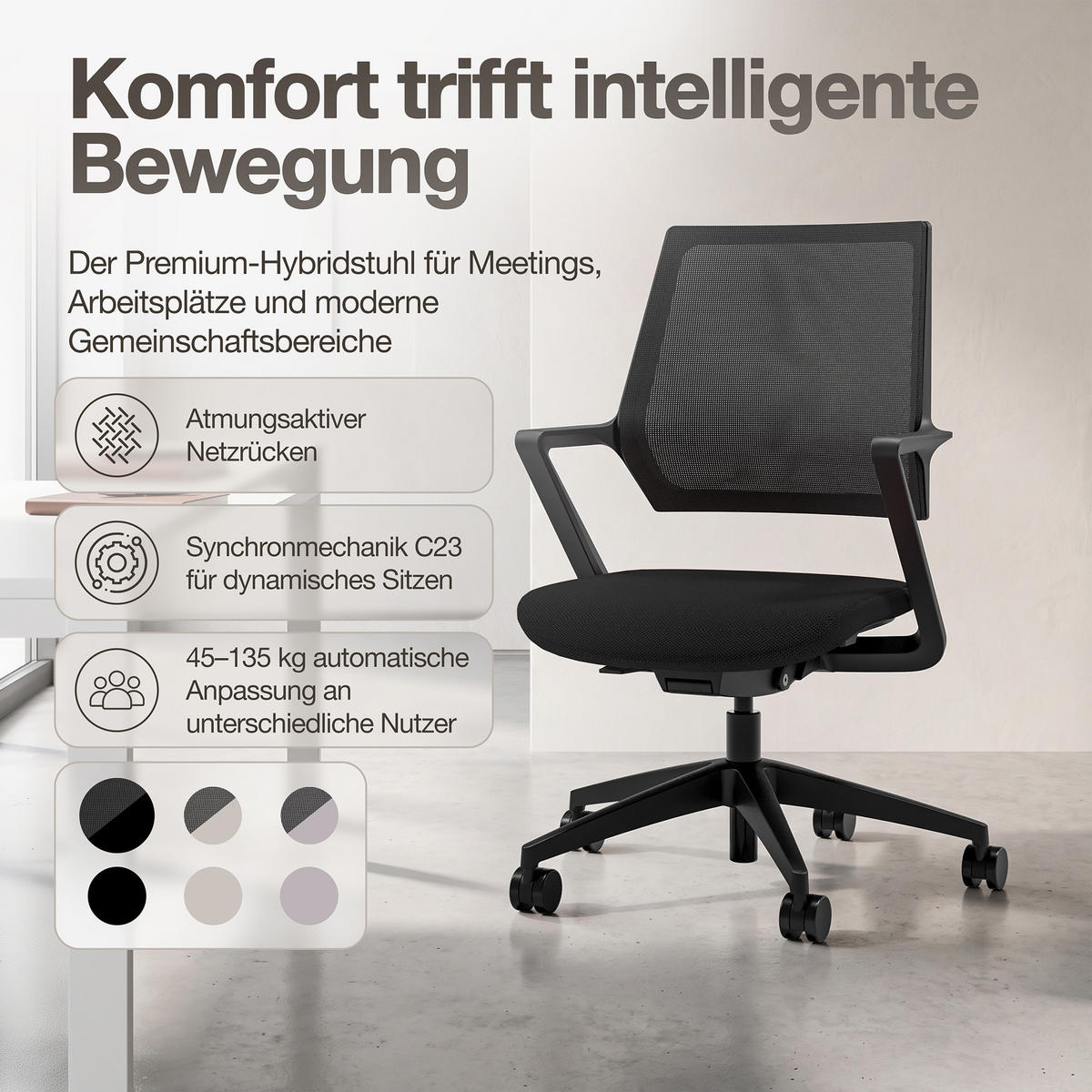 DREHSTUHL Ergonomischer Bürostuhl Asolo mit Netzrücken / Schwarz Netzrücken für Luftzirkulation - Schwarz, Textil (59.5/97.5/45cm) - ASSMANN