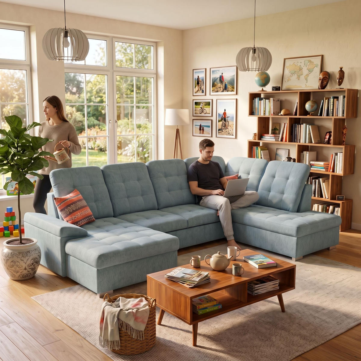 ECKSOFA U-Form OLIVIA U Rechts mit Schlaffunktion 124x257 Velours Blaugrau - Silberfarben/Blaugrau, Holz/Kunststoff (202/103/320cm) - Muffo