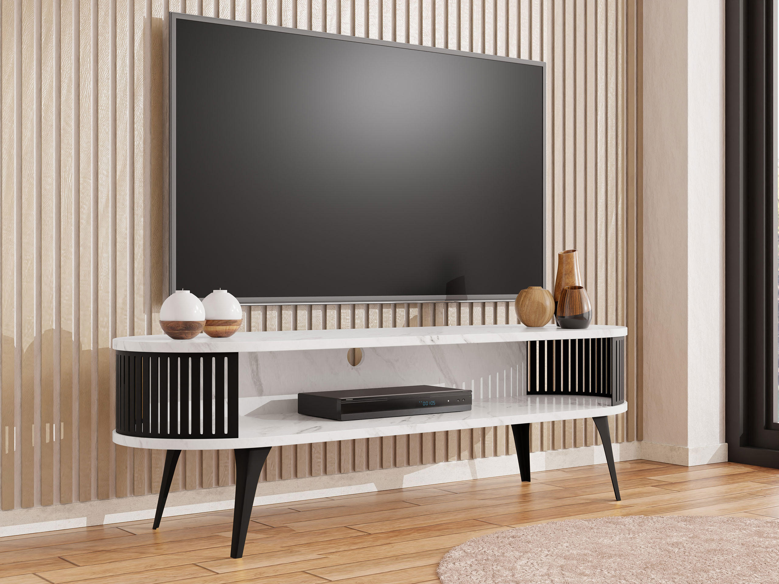 TV-LOWBOARD Roenni Oval - Schwarz/Weiß, Holzwerkstoff/Metall (140/44/40cm) - MIRJAN24