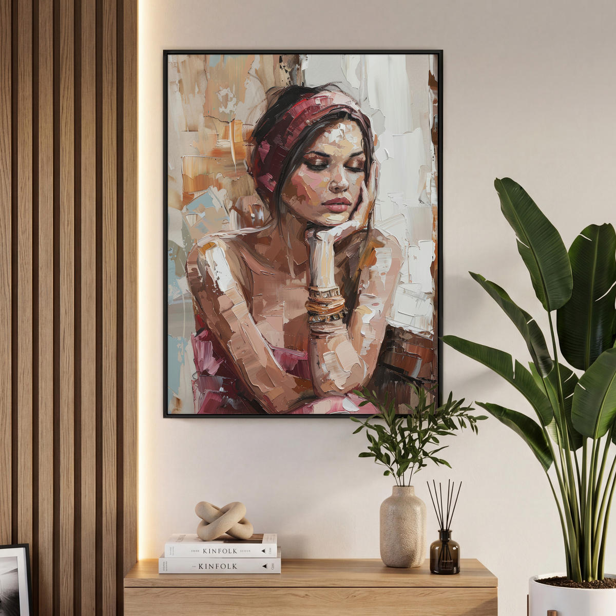 LEINWAND Bilder mit Rahmen - Frau - Lackierung - Porträt - Modern - 70x100 - Altrosa, Textil (70/100cm) - MuchoWow