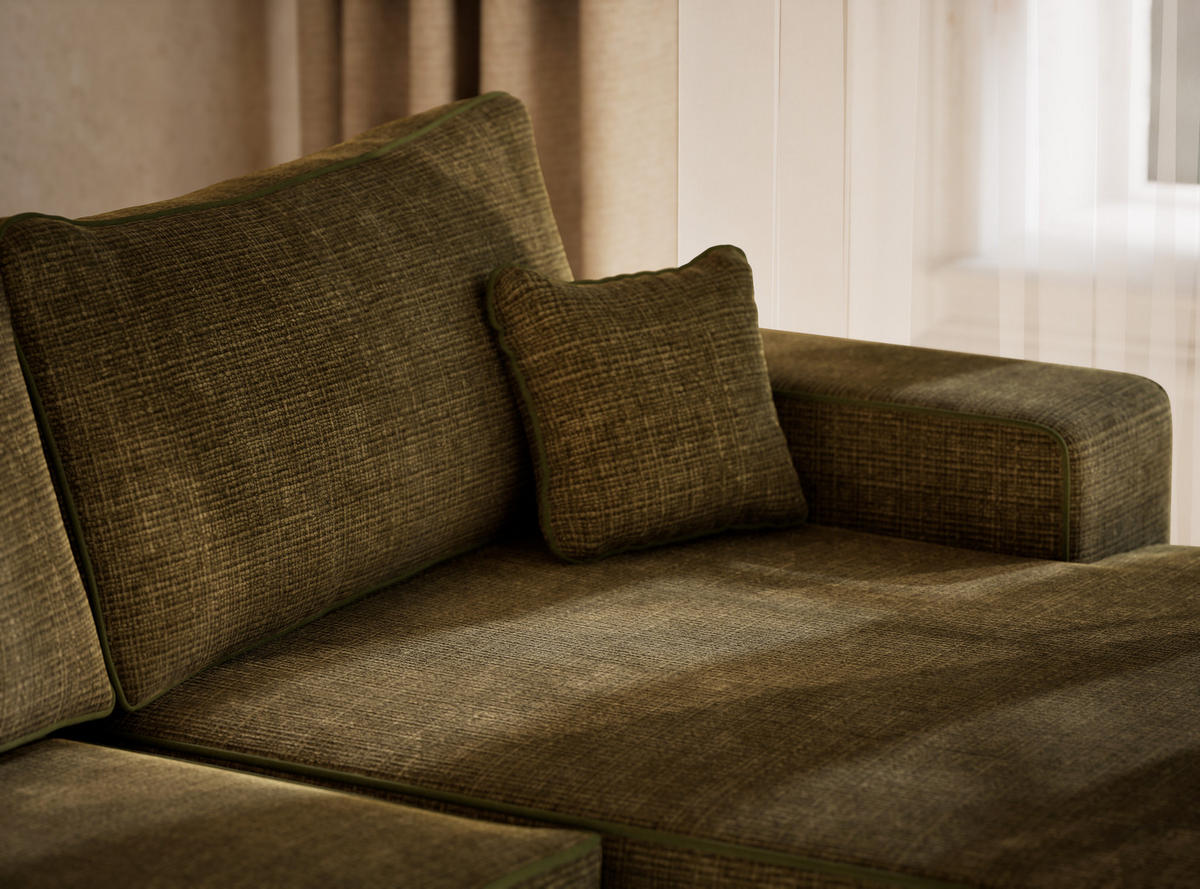WOHNLANDSCHAFT Deseo Olivgrün Chenille-Stoff - Schwarz/Olivgrün, Holz/Holzwerkstoff (398/70/148cm) - Maison de Reve