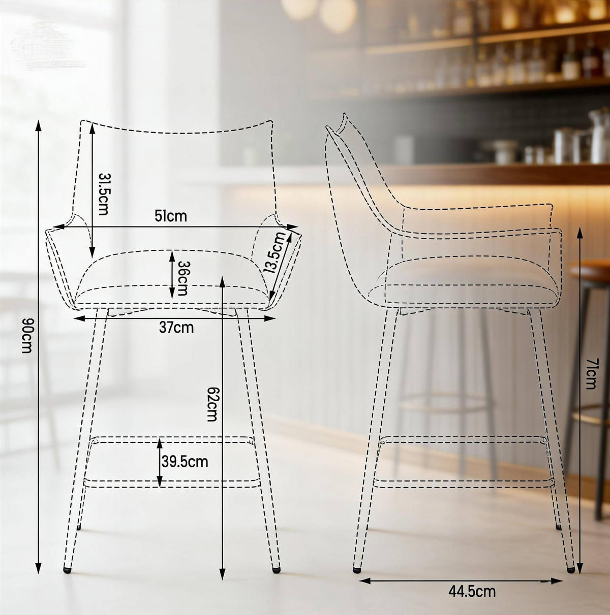 BARHOCKER 2er-Set mit Rückenlehne und Armlehnen, 62 cm Sitzhöhe, PU, Braun - Braun, Metall (49/90/51cm) - MIVRAY