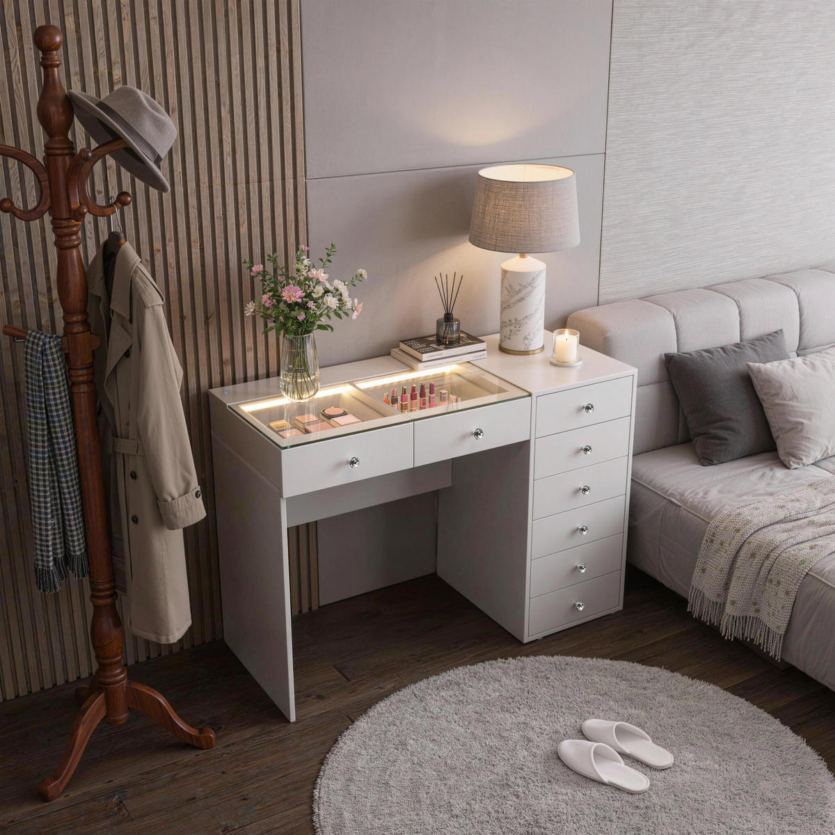 KONSOLENTISCH mit LED 8 Schubladen 120/55/81 CM - Weiß, Holz (120/55/81cm) - VANITII