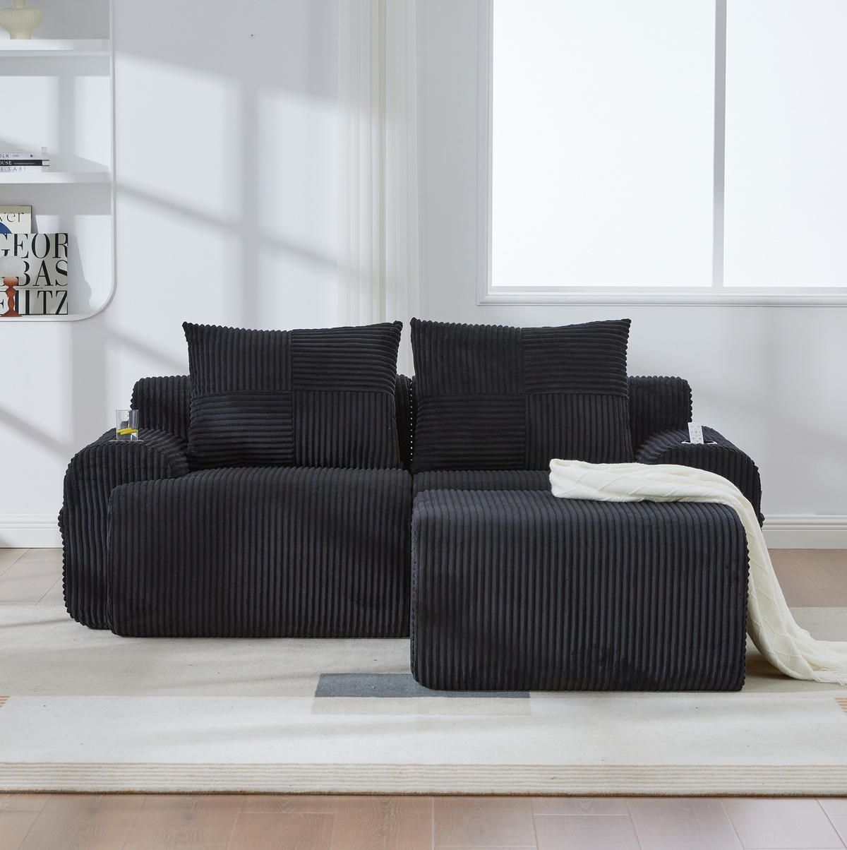 SOFA 200/174/80 cm in Schwarz aus Cord mit Cupholder und Aufbewahrungstasche - Schwarz, Textil (174/80/200cm) - Flora Grace