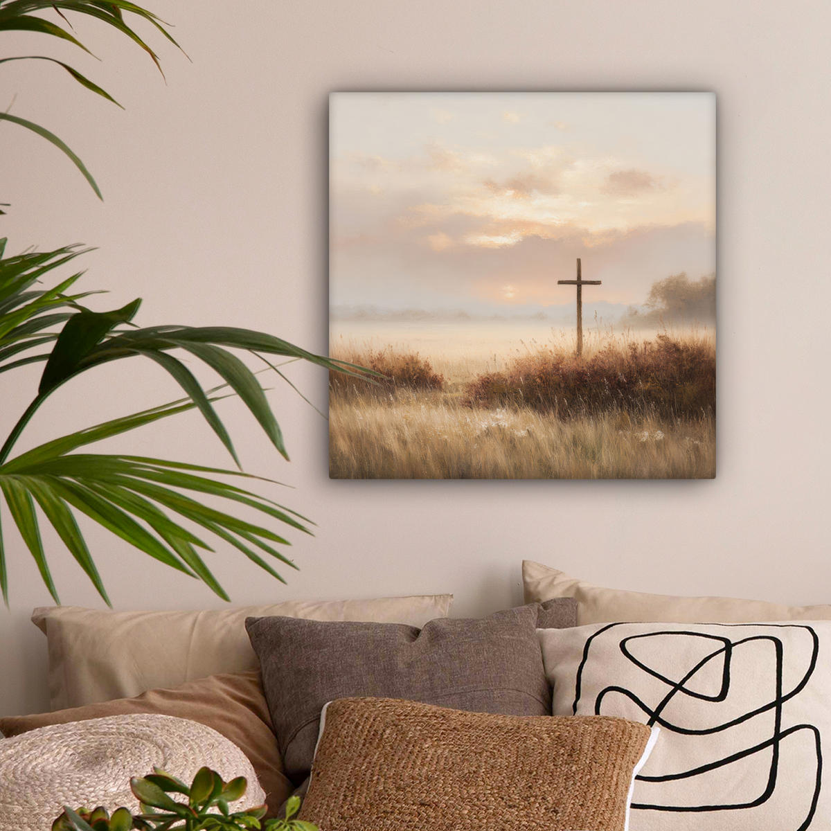 LEINWANDBILD Gras - Morgennebel - Kreuz - Christentum Wandbild Wohnzimmer 50x50 cm - Beige, Textil (50/50cm) - MuchoWow