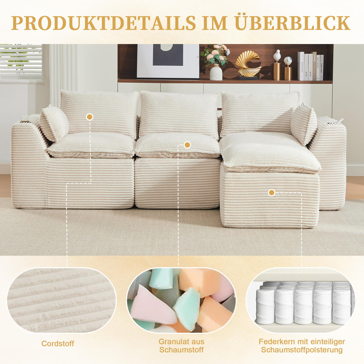 3-SITZER-SOFA aus Chenille, mit Fußhocker und Getränkehalter - Beige, Textil (256/75/161cm) - Urban Meuble