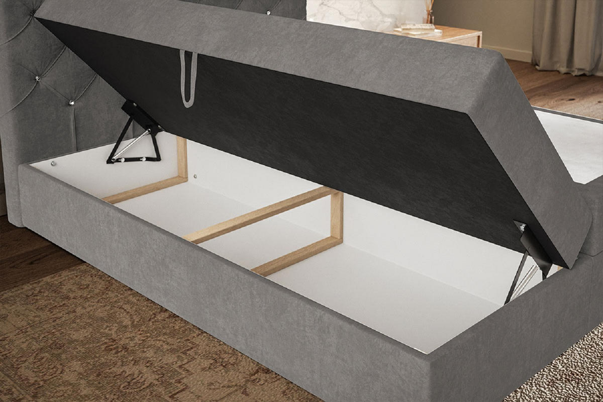DOPPELBETT mit Matratze 140x200 Polo, Kristallknöpfen, Bettkasten, Hellgrau - Hellgrau, Holz/Textil (140/200cm) - Emporius