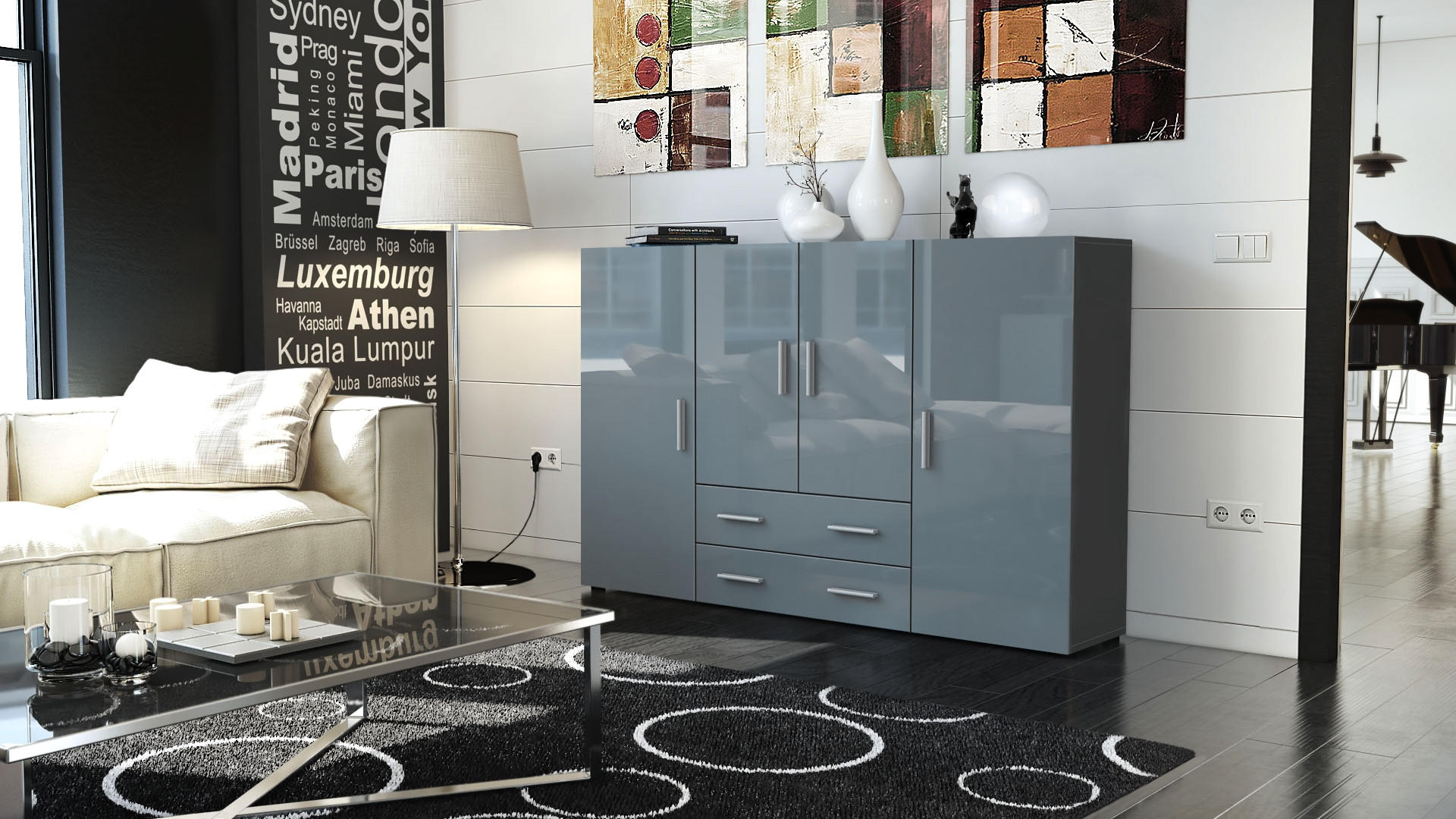 HIGHBOARD Nora Türen in Grau Hochglanz - Grau, Holzwerkstoff (166/106/35cm) - Vladon