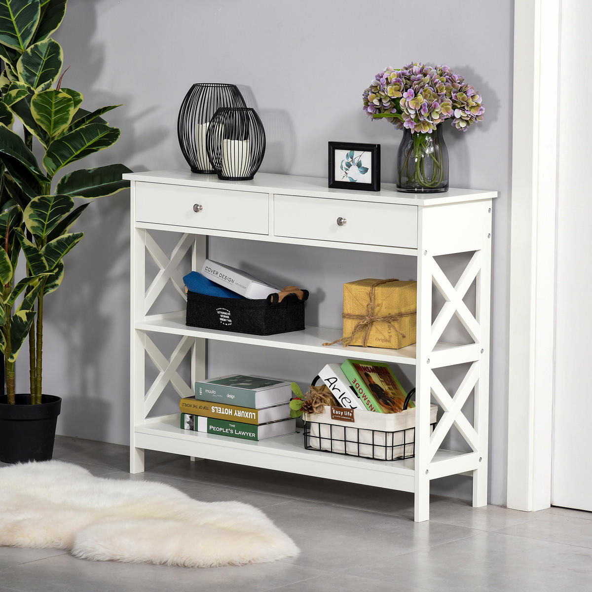 KONSOLENTISCH DE-16761 2 Schubladen + 2 Ablagen, 100 cm Weiß - Weiß, Holzwerkstoff (100/30.5/80cm) - ComfortXL