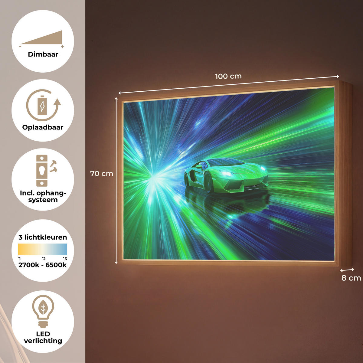NÁSTĚNNÁ LAMPA S AKUMULÁTOREM Rychlost - Lehké - Sportovní vůz - Zelená 100x70 cm - zelená barva, kompozitní dřevo (100/70/8cm) - OnlyWow