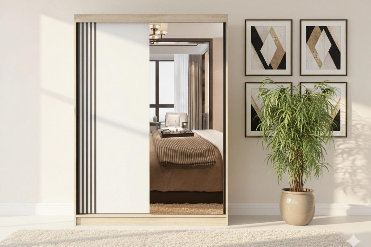 SCHWEBETÜRENSCHRANK VELMA 07 150/200 in Eiche Sonoma/Weiß mit Spiegel und LED - Eichefarben/Weiß, Holzwerkstoff (150/61/200cm) - Deine Möbel 24