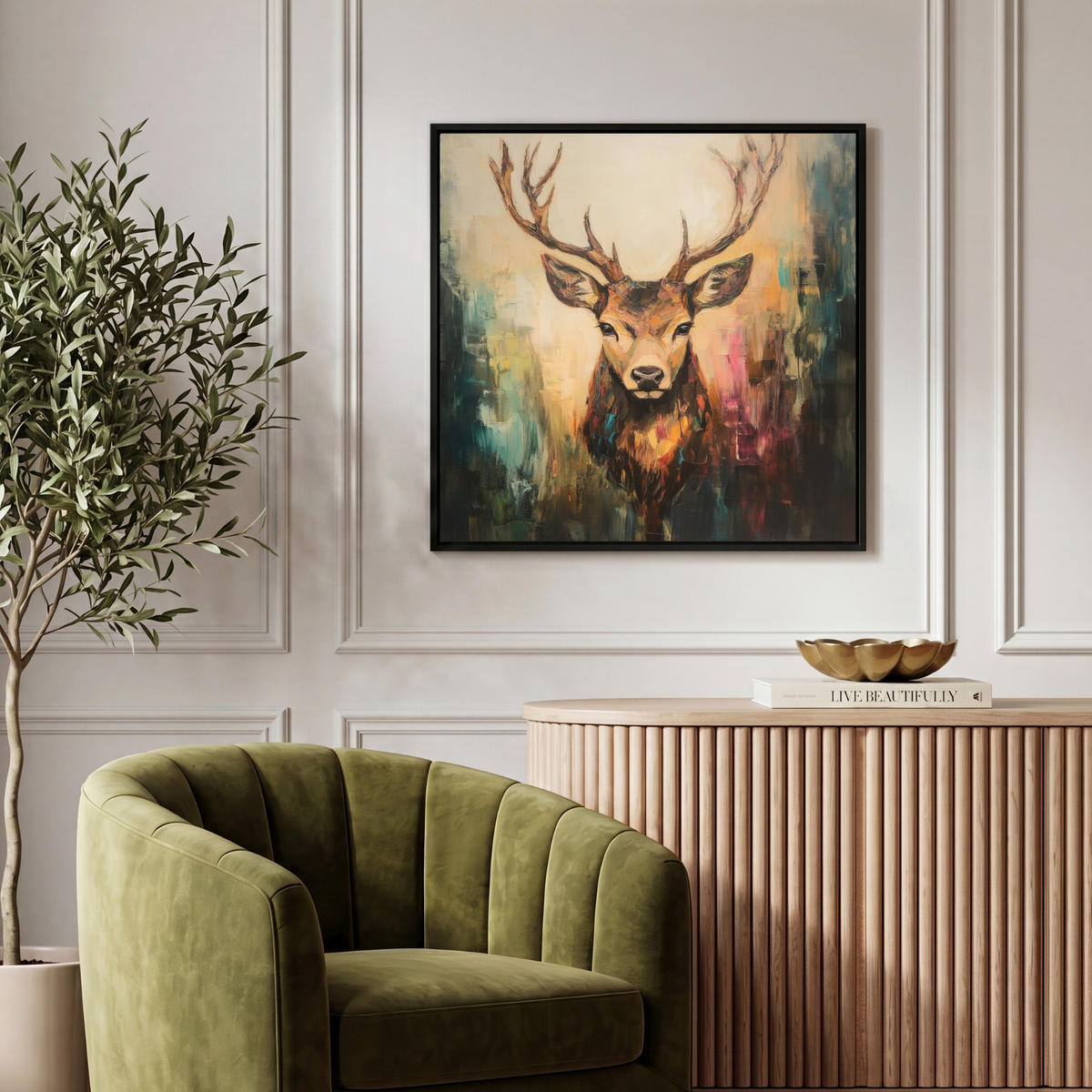 LEINWAND Bilder mit Rahmen - Hirsch - Gemalt - Geweih - Braun - 50x50 - Haselnussfarben, Textil (50/50cm) - MuchoWow