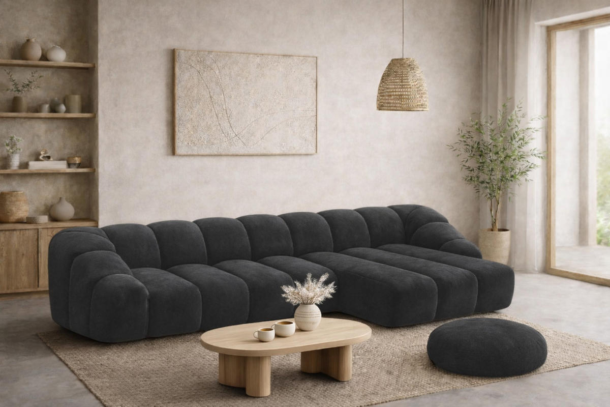ECKSOFA Modulare L-Form, Veloursstoff Bluvel, Schwarz, Rechts, CROISSANT XL - Schwarz, Holz (340/190cm) - Kaiser Möbel