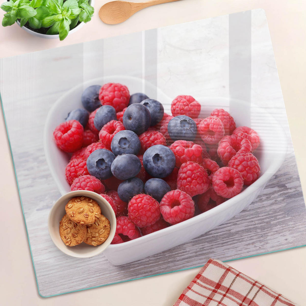 GLASPLATTE 60x52 cm Himbeeren Blaubeeren - Rot, Glas (60/0.4/52cm) - TULUP