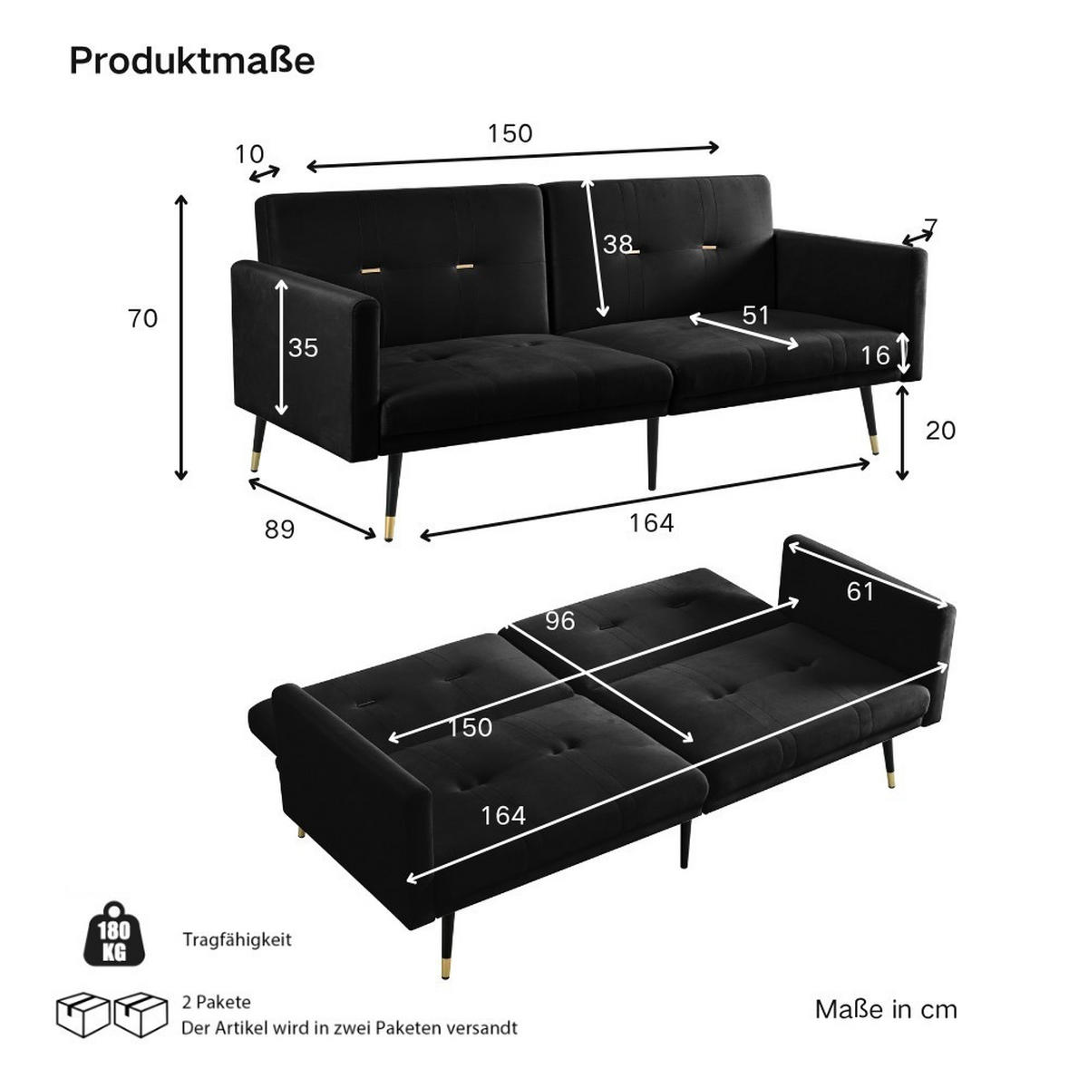 SCHLAFSOFA Zweisitzer mit Schlaffunktion,Klappsofa,Samt,Schwarz - Schwarz, Textil (164/70/51cm) - LVHOM