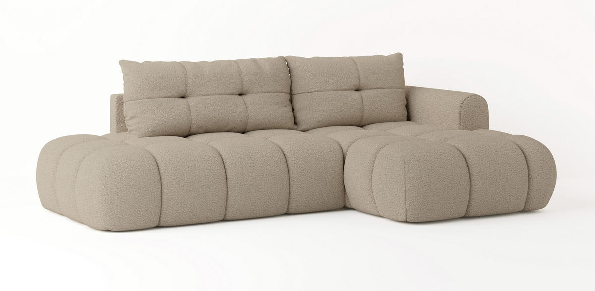 ECKSOFA FLUMA R-S Beige Boucle-Stoff mit Schlaffunktion - Beige, Holz (274/165cm) - MASSENO