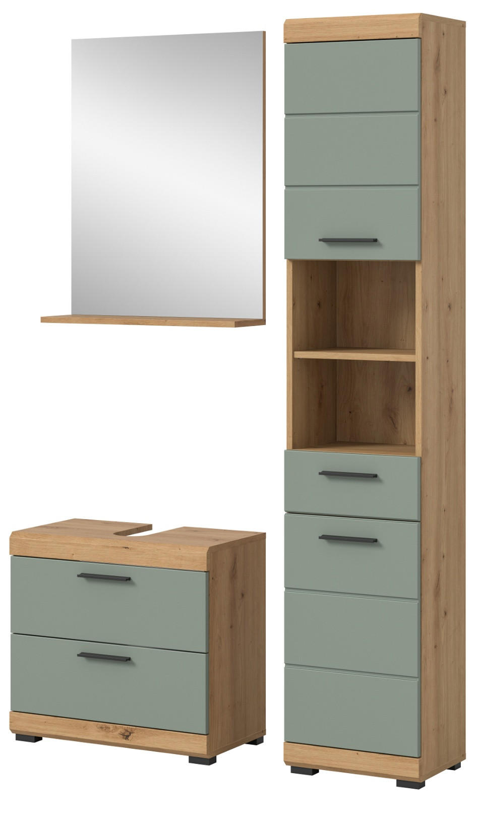 BADMÖBEL-SET Salbei grün, Eiche Artisan 3-teilig 112 cm, Komplettset mit viel Stauraum - Salbeigrün/Schwarz, Glas/Holzwerkstoff (112/191/37cm) - Inn.Furn