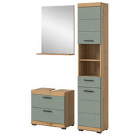 BADMÖBEL-SET Salbei grün, Eiche Artisan 3-teilig 112 cm, Komplettset mit viel Stauraum - Salbeigrün/Schwarz, Glas/Holzwerkstoff (112/191/37cm) - Inn.Furn