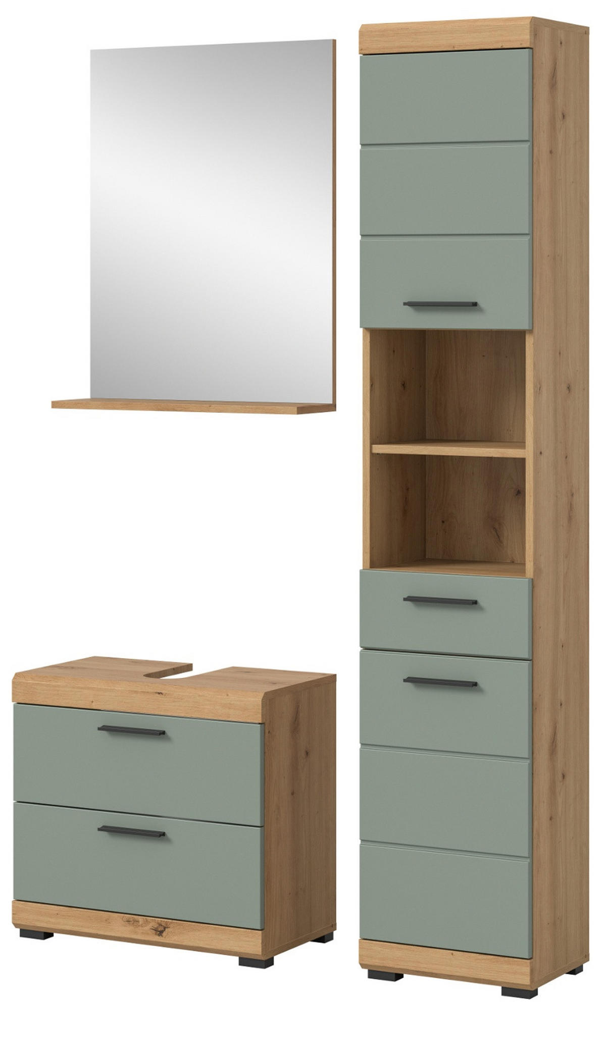 BADMÖBEL-SET Salbei grün, Eiche Artisan 3-teilig 112 cm, Komplettset mit viel Stauraum - Salbeigrün/Schwarz, Glas/Holzwerkstoff (112/191/37cm) - Inn.Furn
