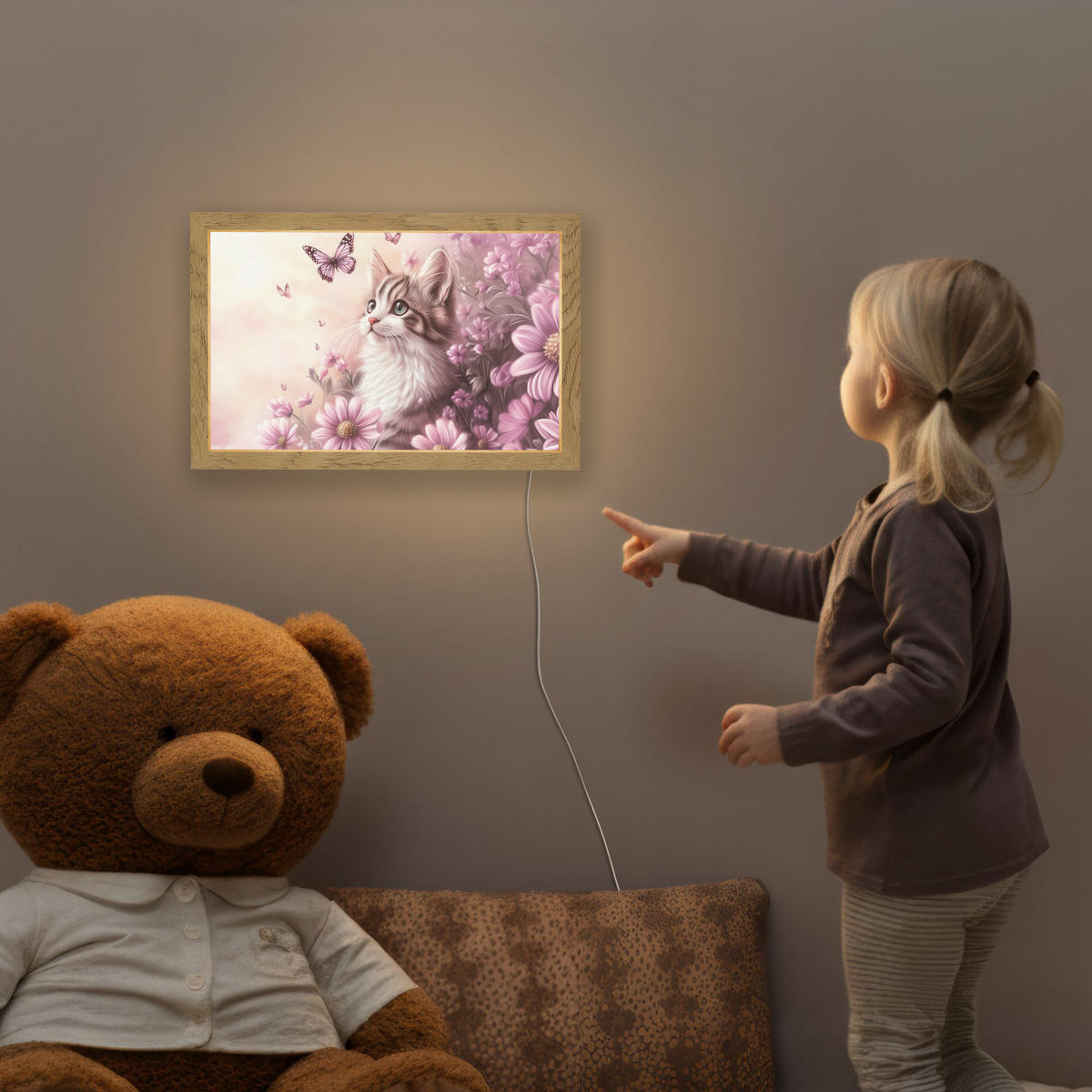 NACHTTISCHLAMPE Kätzchen - Blumen - Schmetterlinge - Lila 30x20 cm - Altrosa, Holzwerkstoff (8/30/20cm)