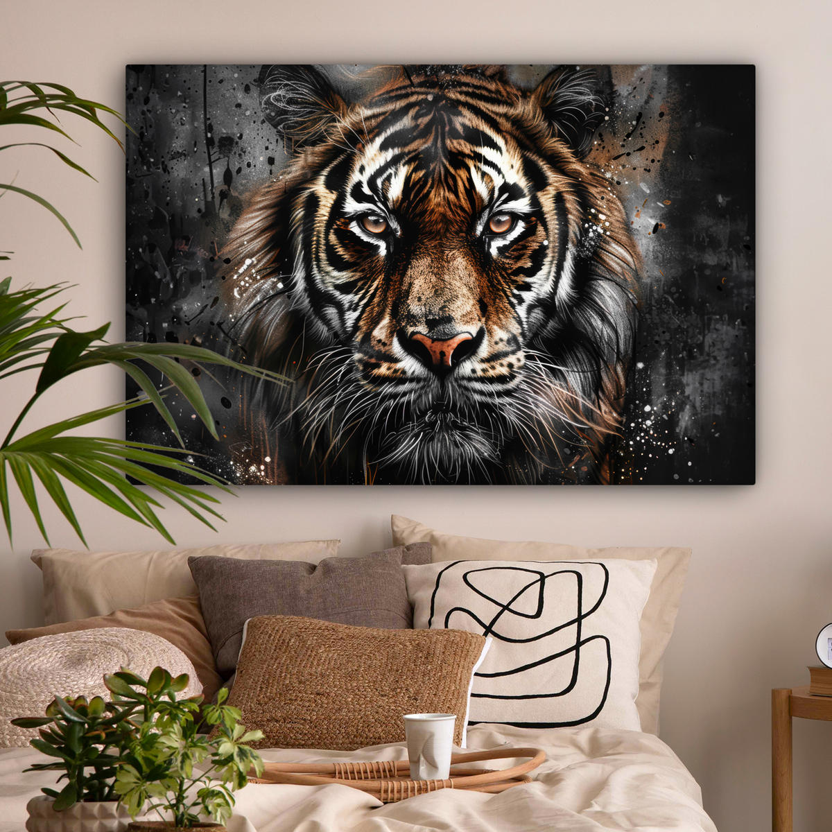 LEINWANDBILD Tiger - Tiere - Porträt - Luxus - Schwarz Wohnzimmer 120x80 cm - Anthrazit, Textil (120/80cm) - MuchoWow