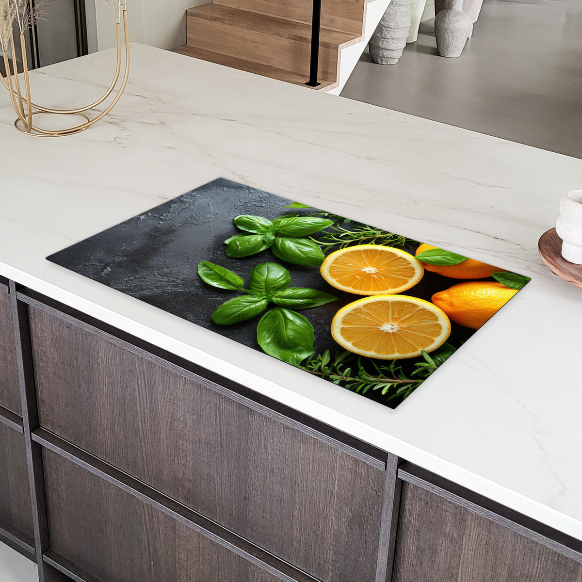 HERDABDECKPLATTE Obst - Grau - Konkret - Orange - Pflanzen Ceranfeldabdeckung 90x52 cm - Anthrazit, Kunststoff (90/52/0.2cm) - MuchoWow