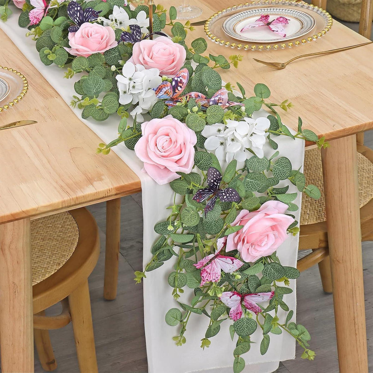 KÜNSTLICHE Blumengirlande 2er Set 1,8 m Rosa Eukalyptus mit Schmetterlingen - Multicolor, Textil (5cm)