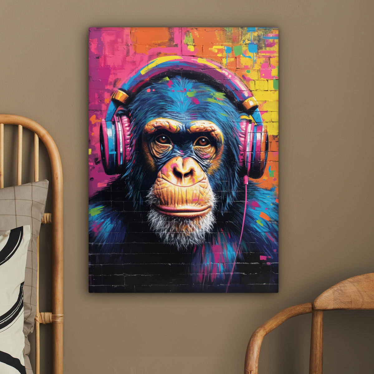 LEINWANDBILD Graffiti - Schimpanse - Straßenkunst - Kopfhörer - Affe 60x80 cm - Blau, Textil (60/80cm) - MuchoWow