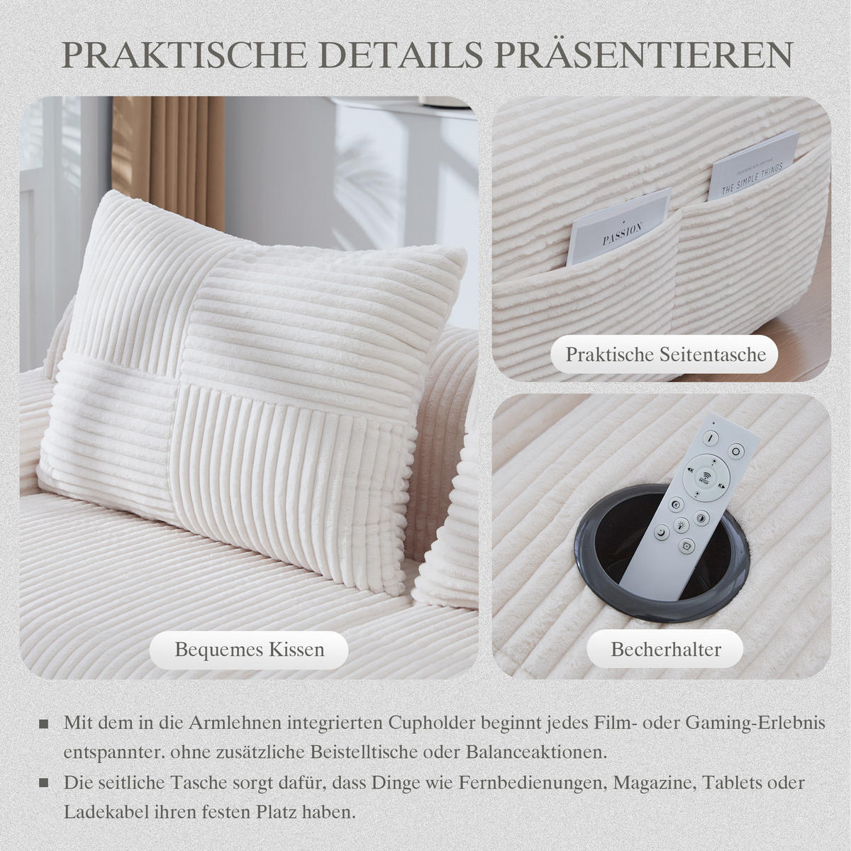 MODULARES 2-Sitzer Sofa Cordstoff mit Getränkehalter und Seitentasche 200/174/80 cm Beige - Beige, Textil (174/80/200cm) - Redom