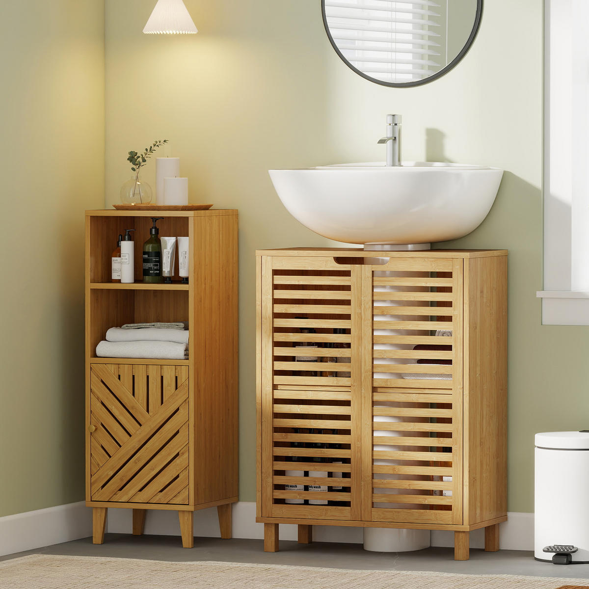 WASCHBECKENUNTERSCHRANK mit 2 Lamellentüren und verstellbarem Einlegeboden - Naturfarben, Holz (30/80/60cm) - HOMCOM