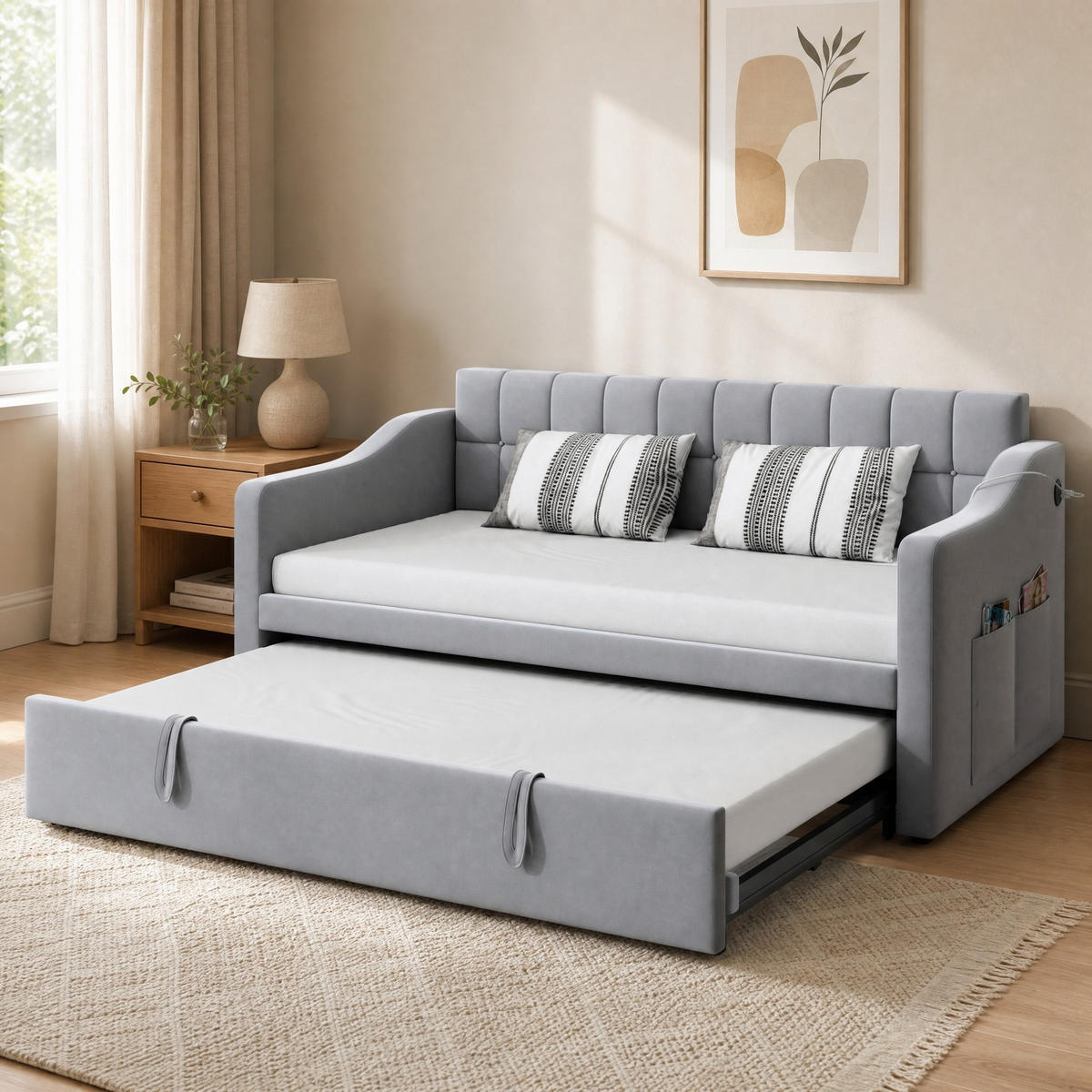 POLSTERBETT 90/190 cm aus Samtstoff mit USB-Ladeports, Hellgrau - Hellgrau, Textil (90/190cm) - OKMYHOME