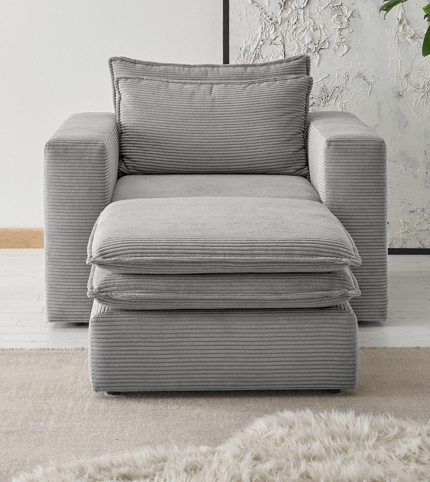 LOVESEAT Set hellgrau Cord, Loungesessel inklusive Hocker - Beige/Hellgrau, Holz/Kunststoff (110/83/161cm) - Furn.Design