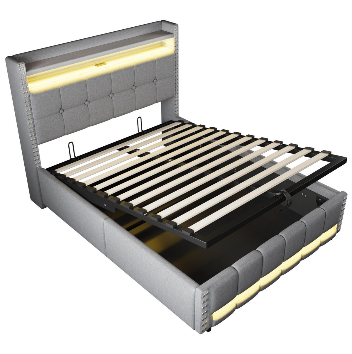 ČALÚNENÁ posteľ 140/200 cm s LED osvetlením, USB portom a hydraulickým úložným priestorom, Svetlosivá - svetlosivá, textil (140/200cm) - Redom