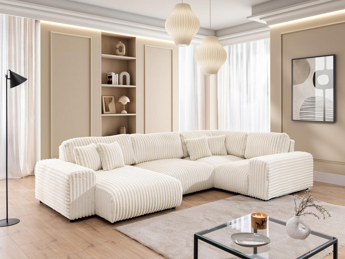 WOHNLANDSCHAFT Mollis Hellbeige Plüschcord im XXL-Format - Ottomane Links - Beige/Schwarz, Holz/Kunststoff (316/77/194cm) - S-Style Möbel