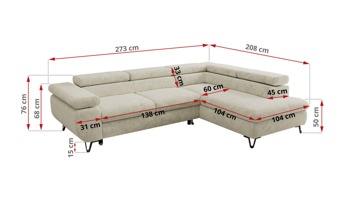 ECKSOFA PABLO L Creme Schenille grob gewebt - Rechts Seite mit T25 Topper - Creme/Schwarz, Textil/Metall (273/208cm) - MKS
