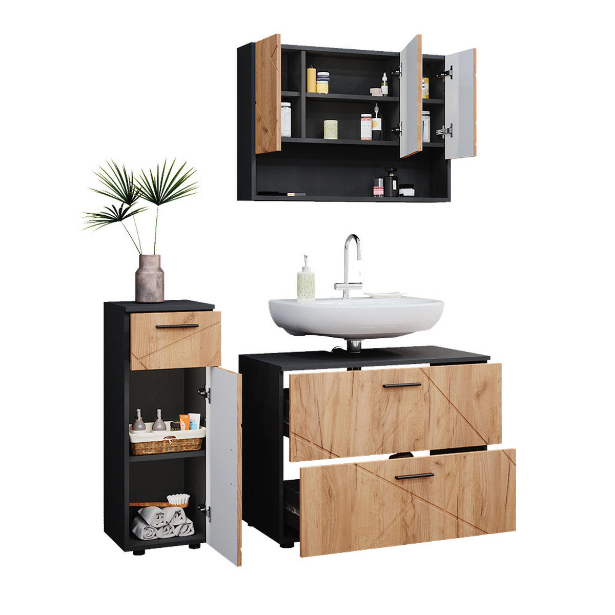 BADMÖBEL-SET Irma Goldkraft Eiche/Anthrazit 3 Teile - Anthrazit/Eiche Wotan, Holzwerkstoff (80/58.6/41cm) - Vicco
