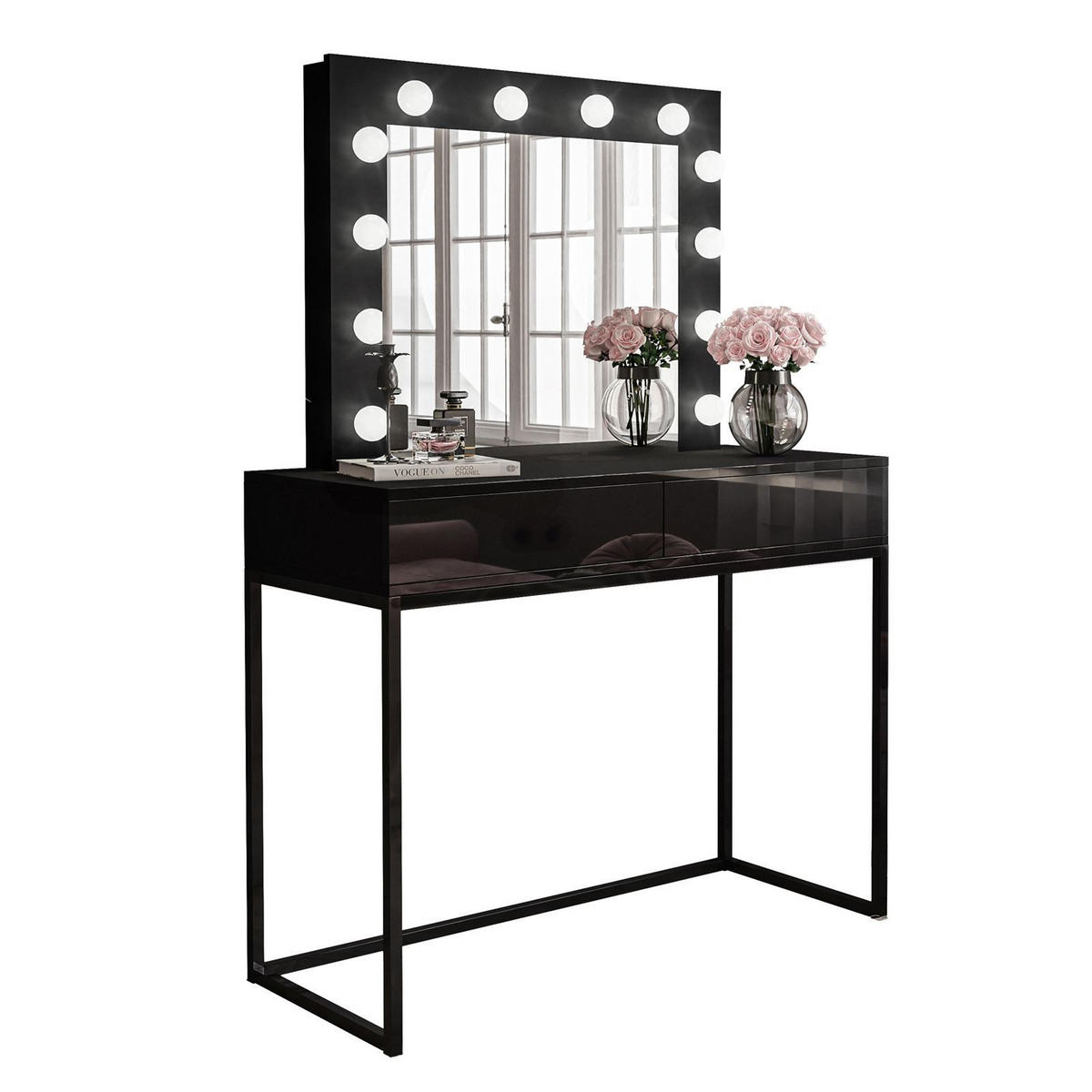 SCHMINKTISCH BLANCO LOFT mit Spiegel und Beleuchtung Schwarz Hochglanz PUSH OPEN - Schwarz Hochglanz/Schwarz, Holzwerkstoff (100/146/42cm) - Lookway