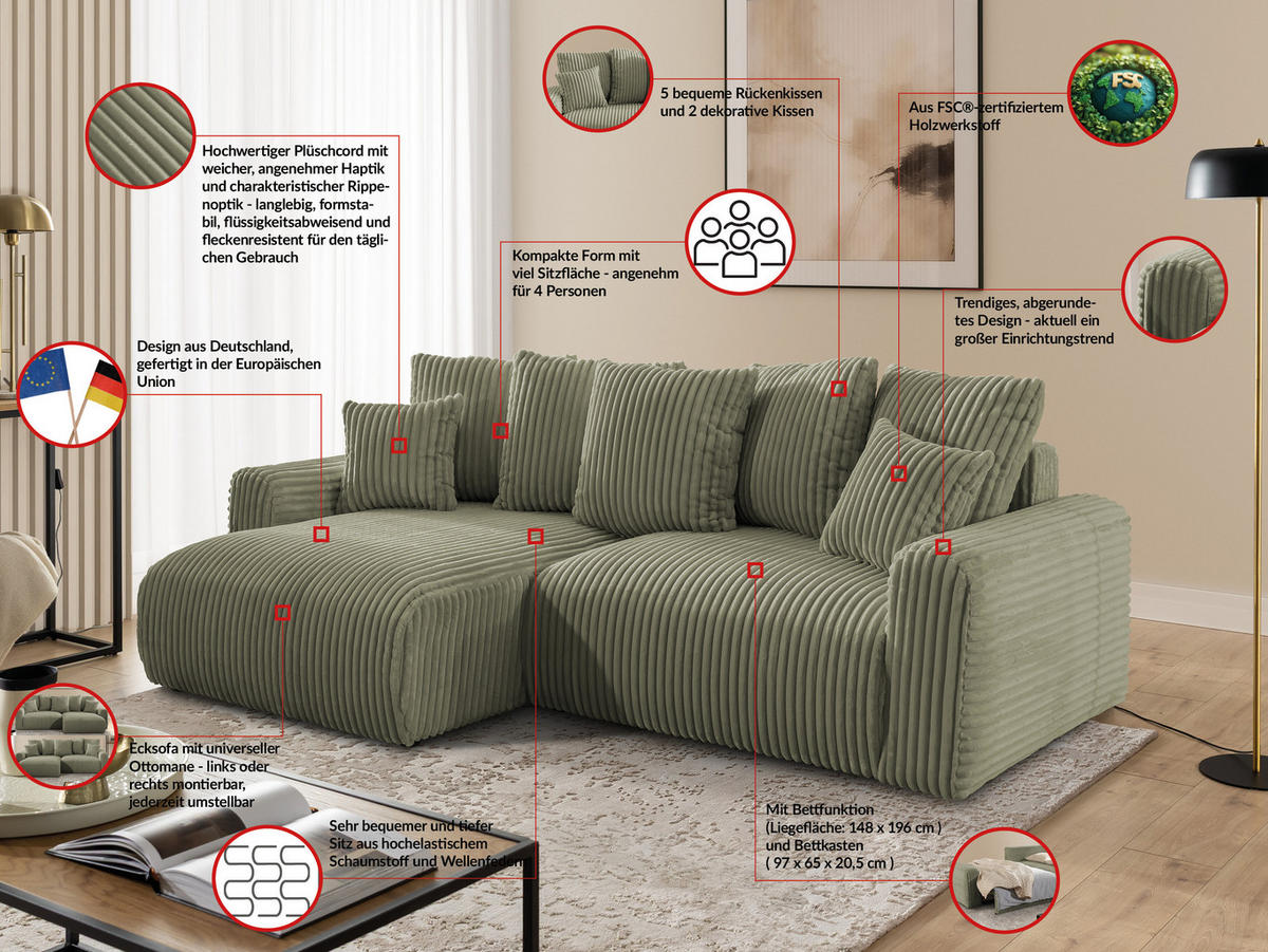ECKSOFA Calma mit Schlaffunktion und Bettkasten im Bumpy-Design aus weichem Olive Plüschcord - Ottomane links - Schwarz/Grün, Holz/Kunststoff (239/140cm) - S-Style