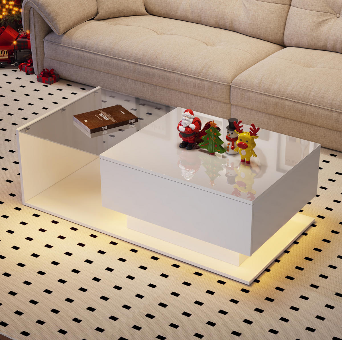 COUCHTISCH mit Schublade 100x50x32 cm Weiß Glas mit LED - Weiß, Holzwerkstoff (100/50/32cm) - Meubliv
