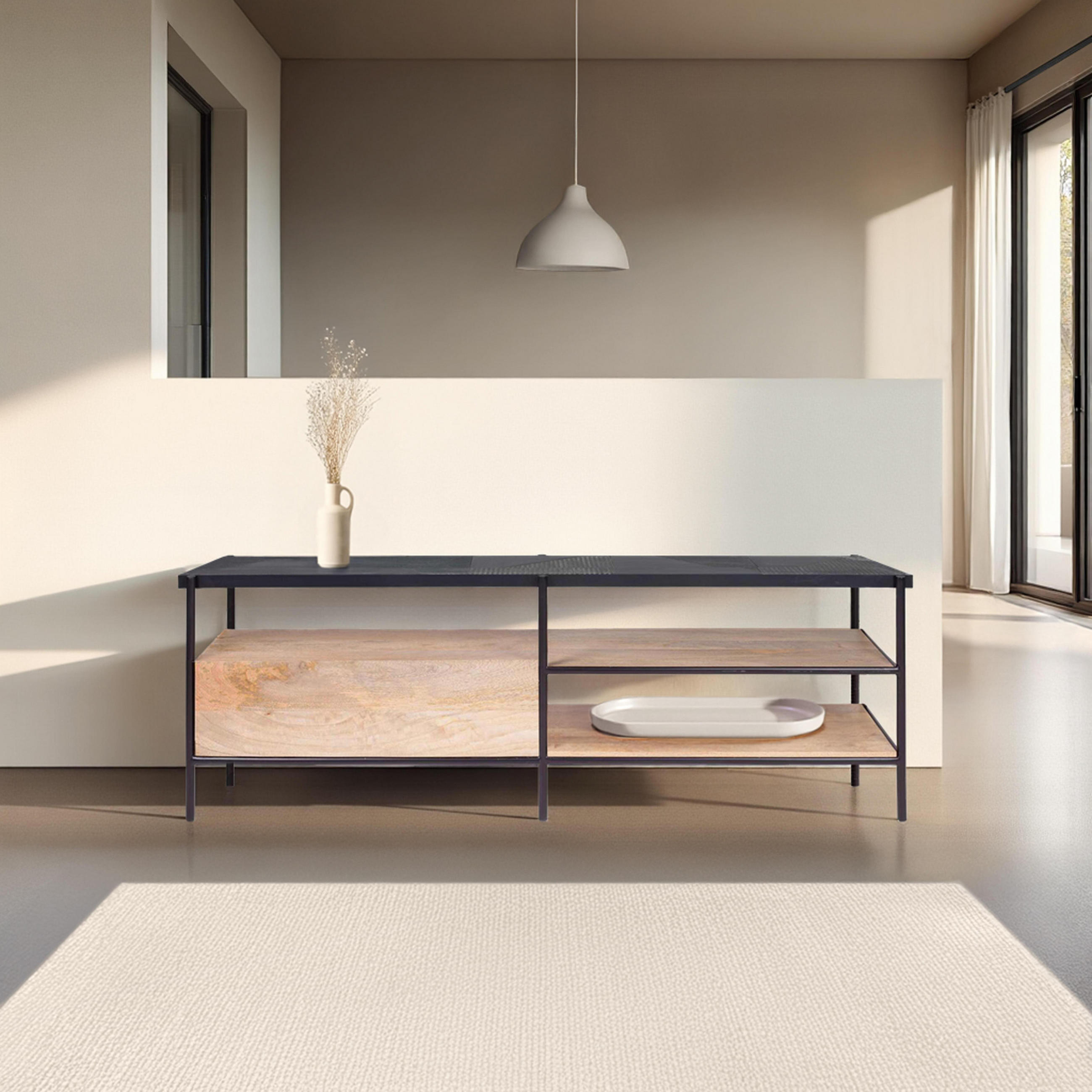 TV-ELEMENT, Schwarz - Schwarz, Naturmaterialien (34.5/56/150cm) - Oviala