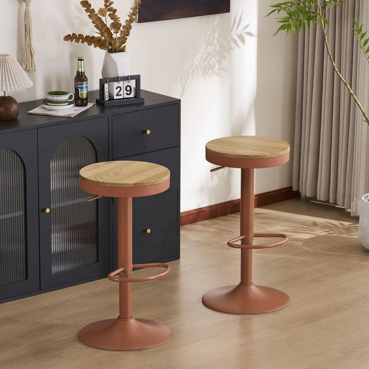 BARHOCKER 2er Set Holz Höhenverstellbar Schwenkbar Terrakotta Vintage - Bordeaux, Holz (38.5/56/38.5cm)