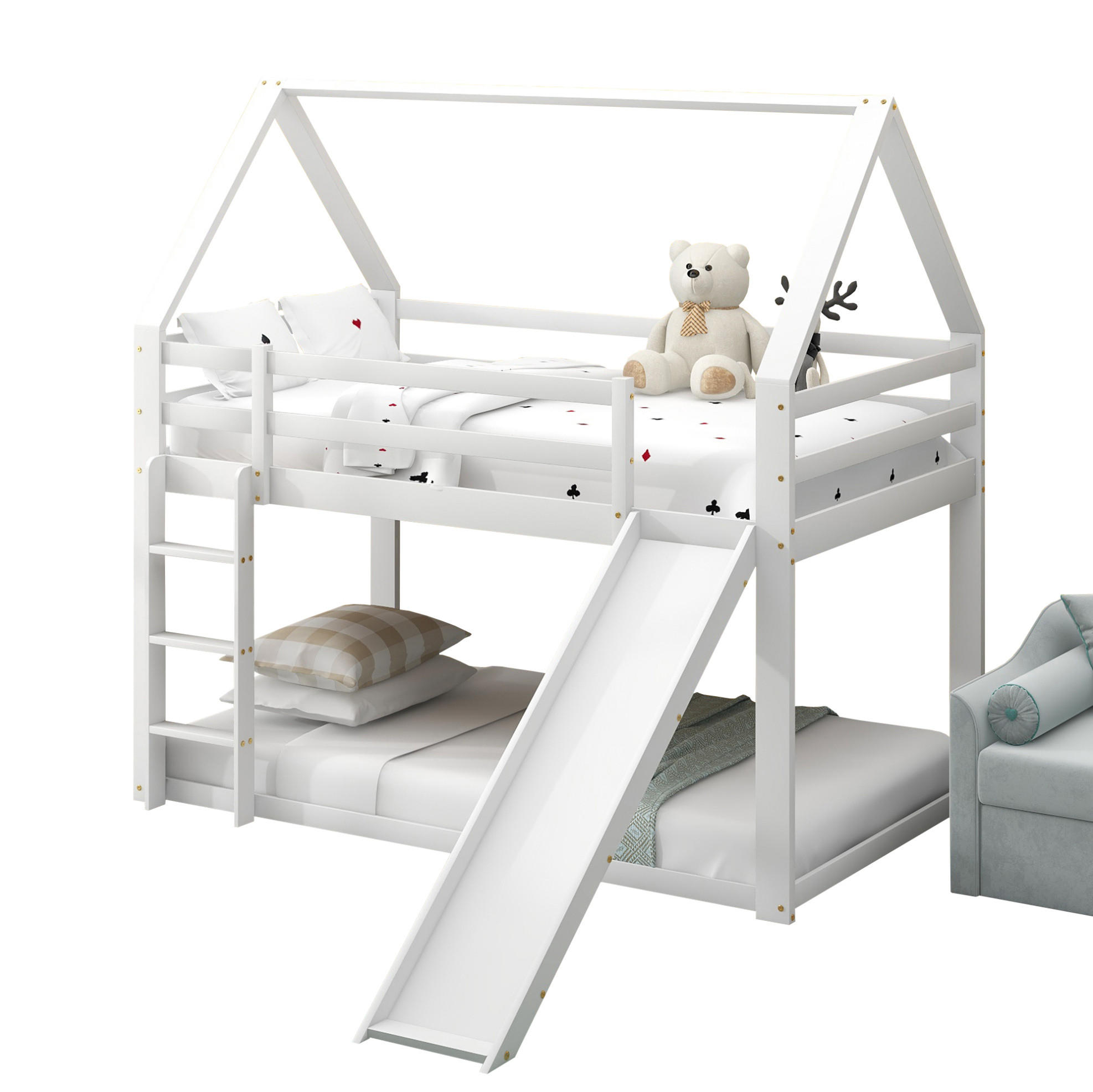 ETAGENBETT Hausform mit Rutsche und Leiter, Weiß, 90/200 cm - Weiß, Holz (90/200cm) - MIVRAY