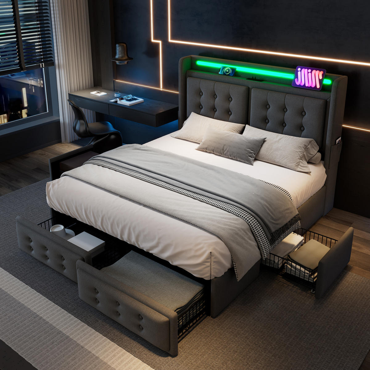 BETT mit Matratze 140x200 cm Grau mit LED, USB-C und 4 Schubladen - Grau, Metall (140/200cm) - Meubliv