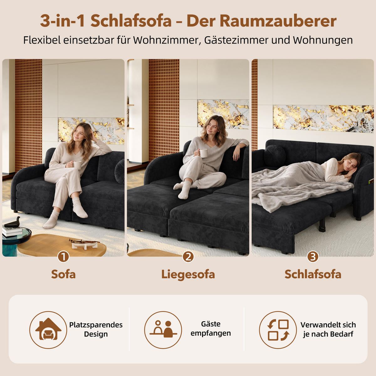 SCHLAFSOFA 166/84/90 cm Schwarz Chenille mit losen Kissen und Stautaschen an beiden Seiten - Schwarz, Textil (84/90/166cm) - Oxeza