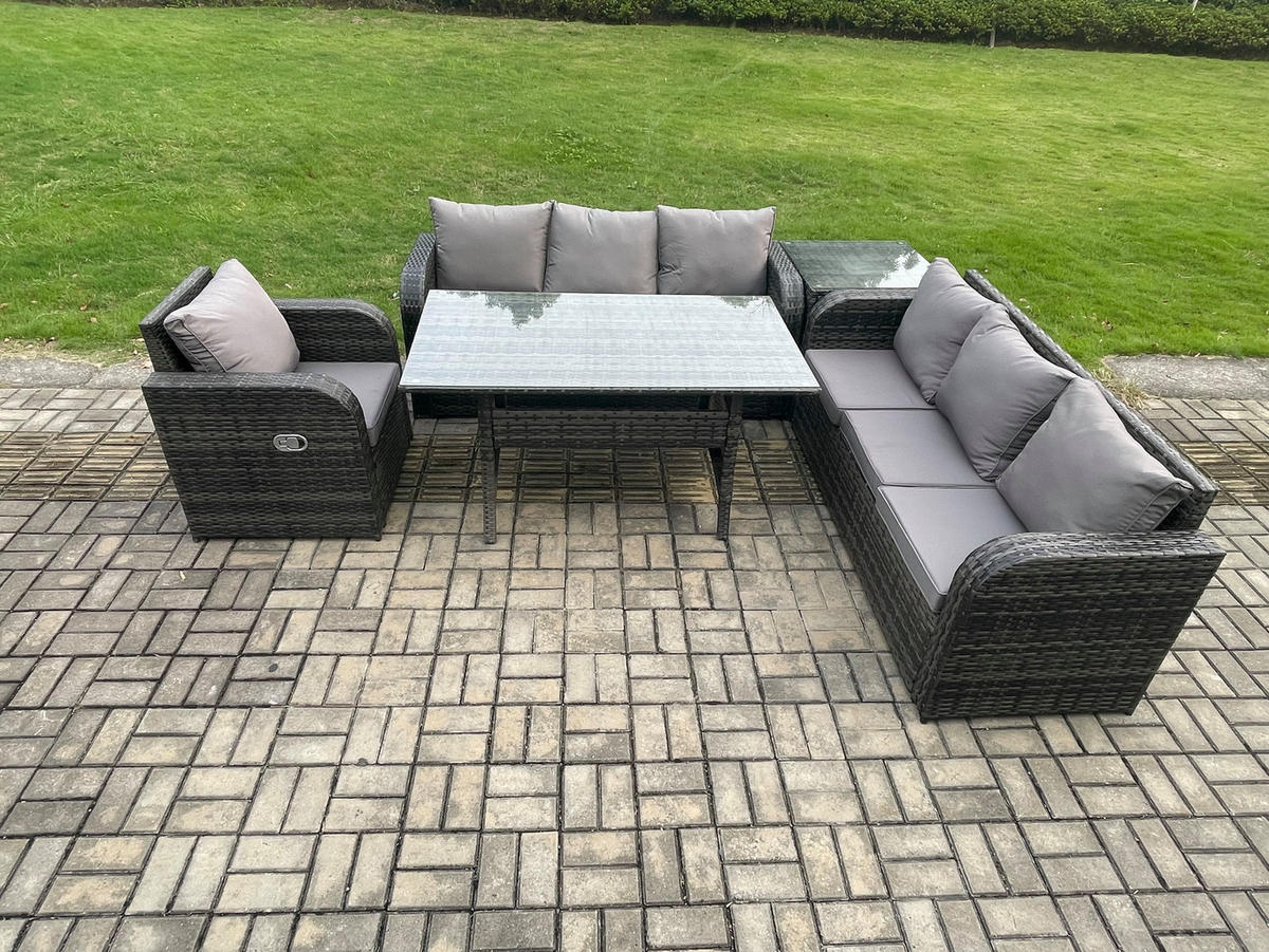 GARTENTISCHGRUPPE mit Beistelltisch Polyrattan Dunkelgrau 7-Sitzer - Dunkelgrau/Grau, Glas/Kunststoff - Fimous