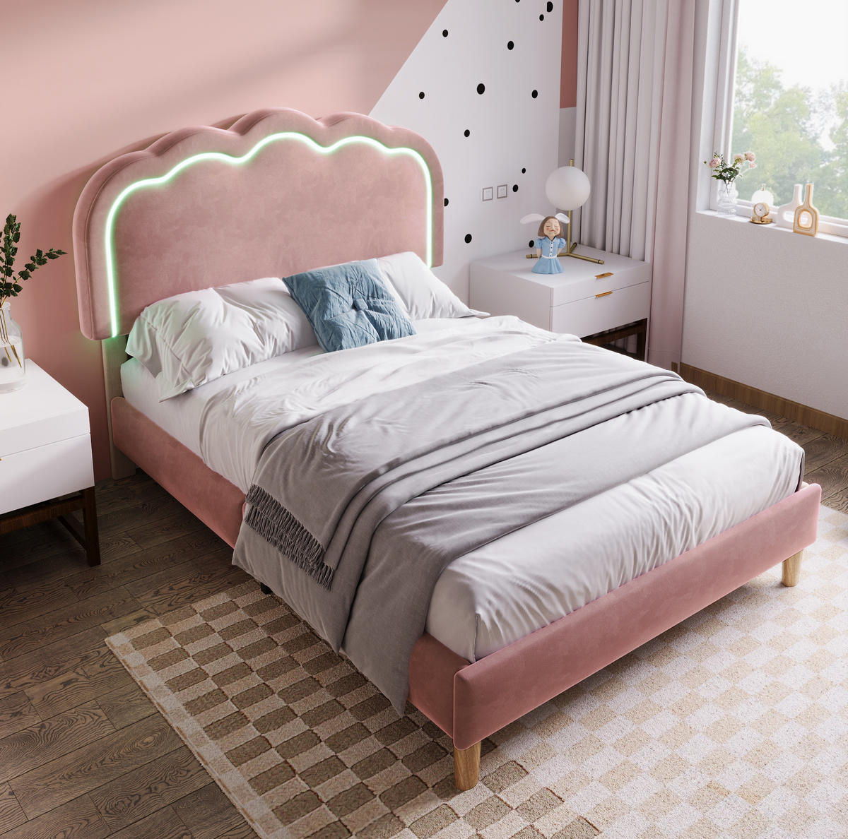 POLSTERBETT 90/200 cm aus Samt mit LED-Kopfteil und verstellbarer Höhe Rosa - Pink, Textil (90/200cm) - Modenvie